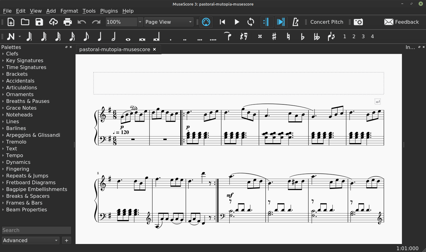 MuseScore screenshot with La Pastorale imported from PDF