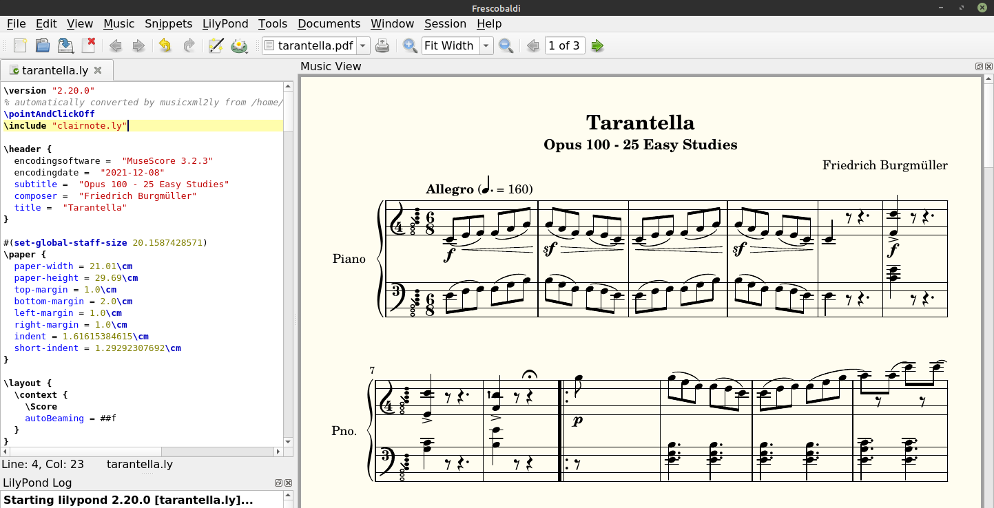 Frescobaldi screenshot with Tarantella converted to Clairnote SN