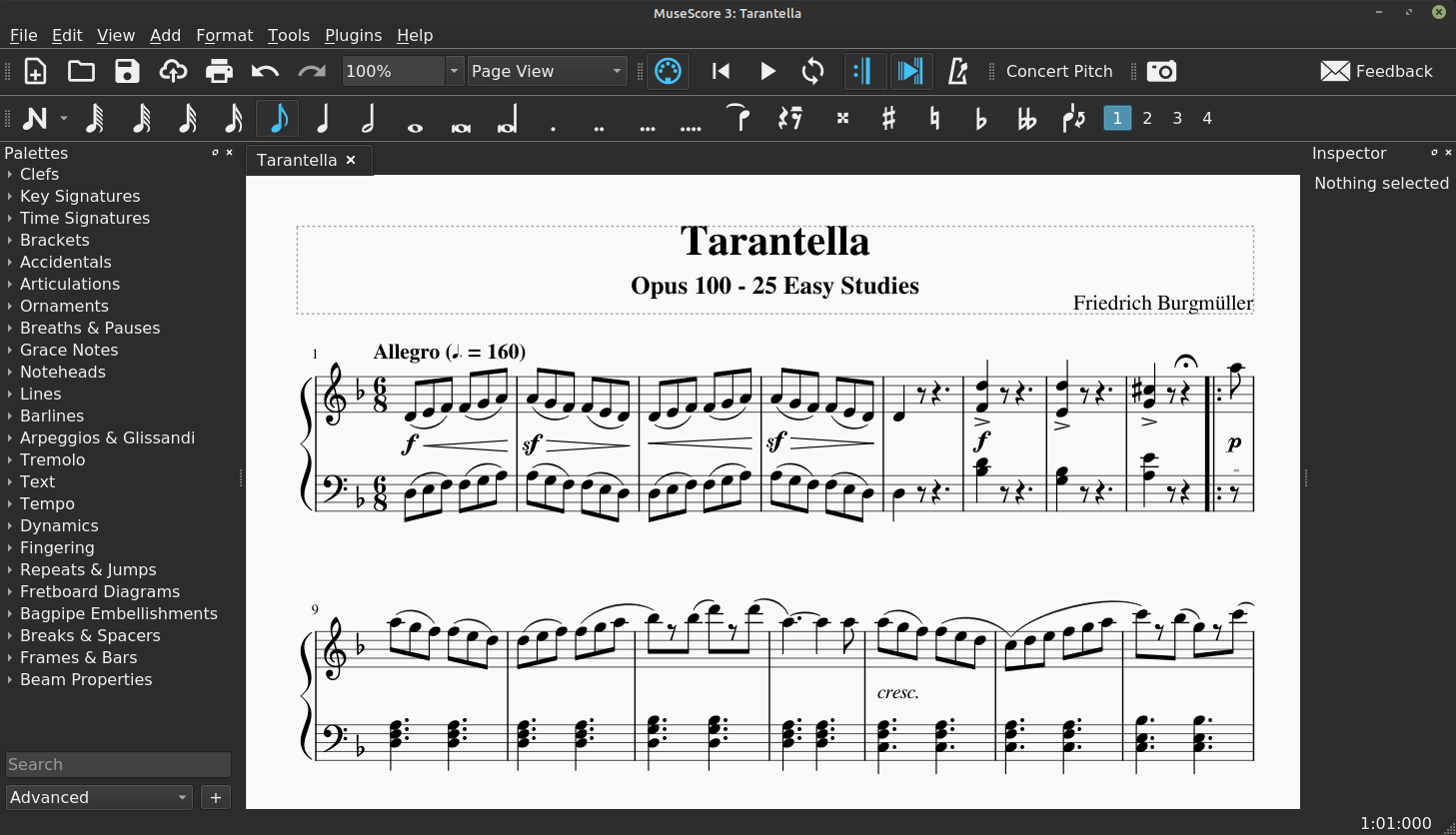 MuseScore screenshot with Tarantella by Friedrich Burgmüller