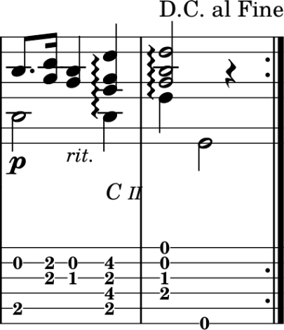 Adelita last two measures with arpeggio signs that extend to bass notes