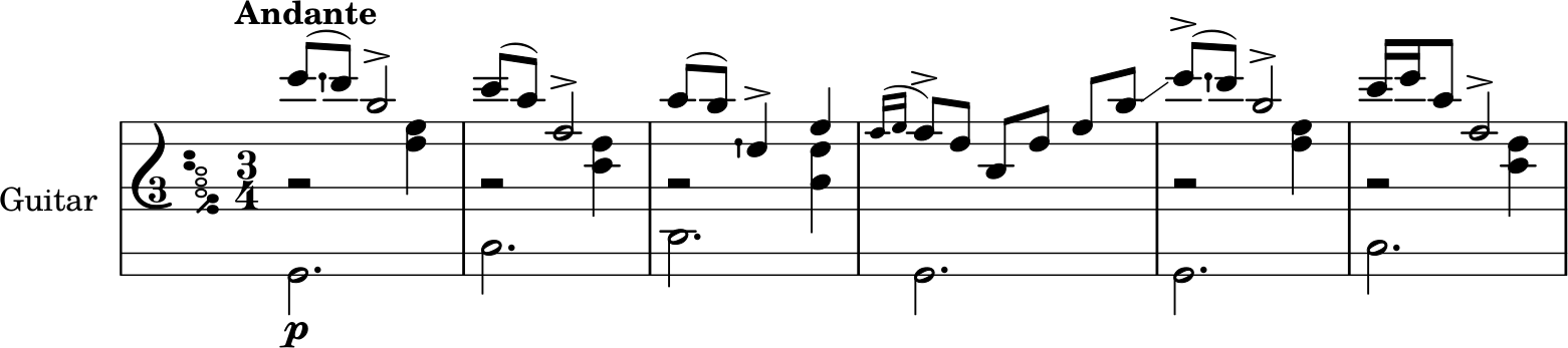 Adelita measures 1-6 with three octave staff