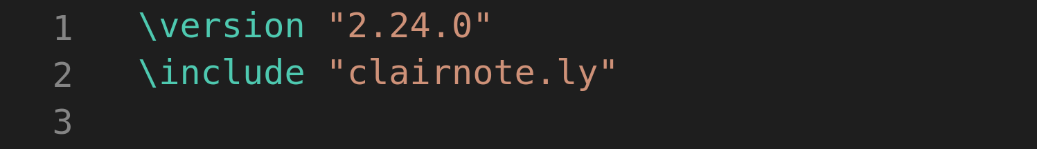 First two lines of a LilyPond file with \version and \include